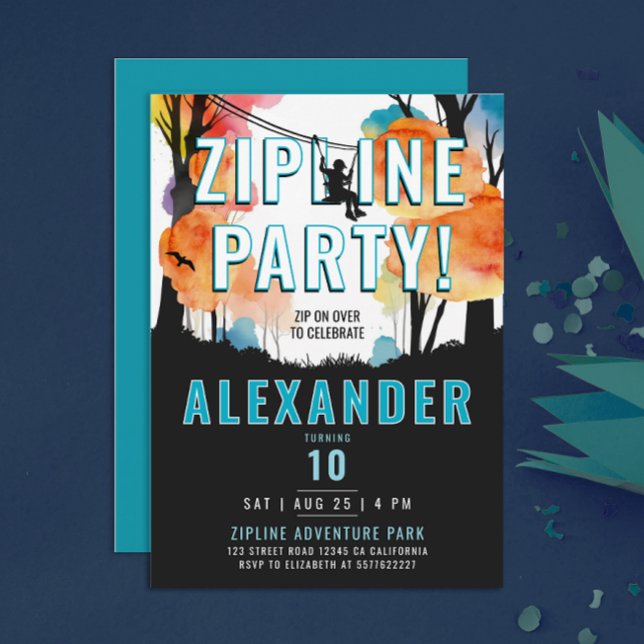 Fun Zipline Colorful Blue Boy Adventure Watercolor Invitation (Creator Uploaded)