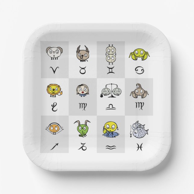 Fun Zodiac Astrological Characters Paper Plates (Front)