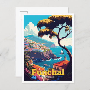 Funchal Portugal Travel Vintage Illustration Postcard