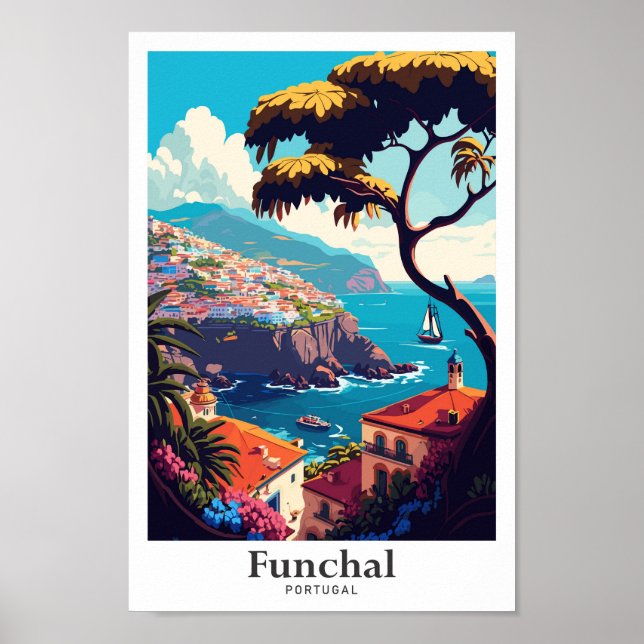 Funchal Portugal Travel Vintage Illustration Poster (Front)