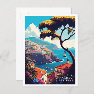 Funchal Portugal vintage travel illustration Postcard