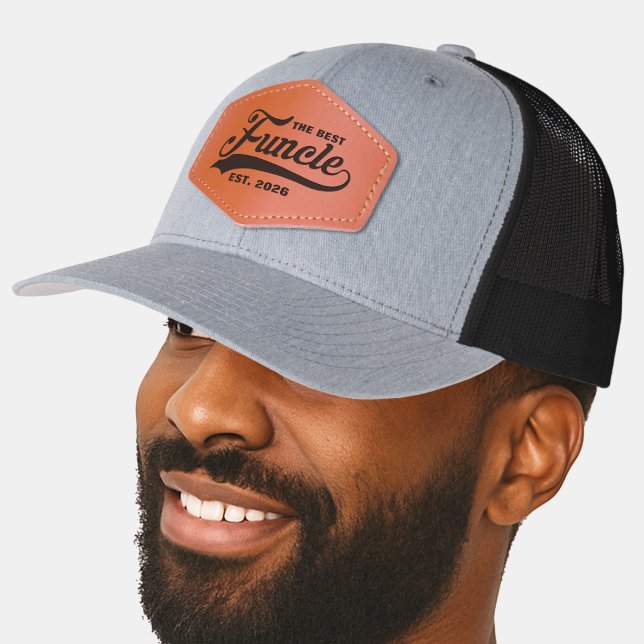 Funcle New Uncle Caligraphy Est Year Established  Leather Patch Hat (Funcle New Uncle Caligraphy Est Year Established Leather Patch Hat uncle to be pregnancy )