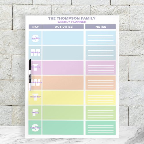 Functional Rainbow Colored Family Weekly Planner Dry Erase Board