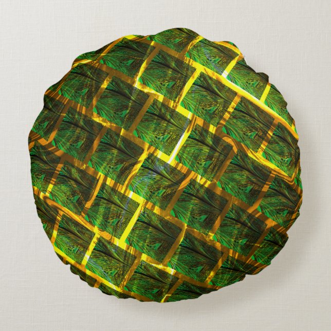 Fundo com imagem verde sob grade dourada? round pillow (Back)