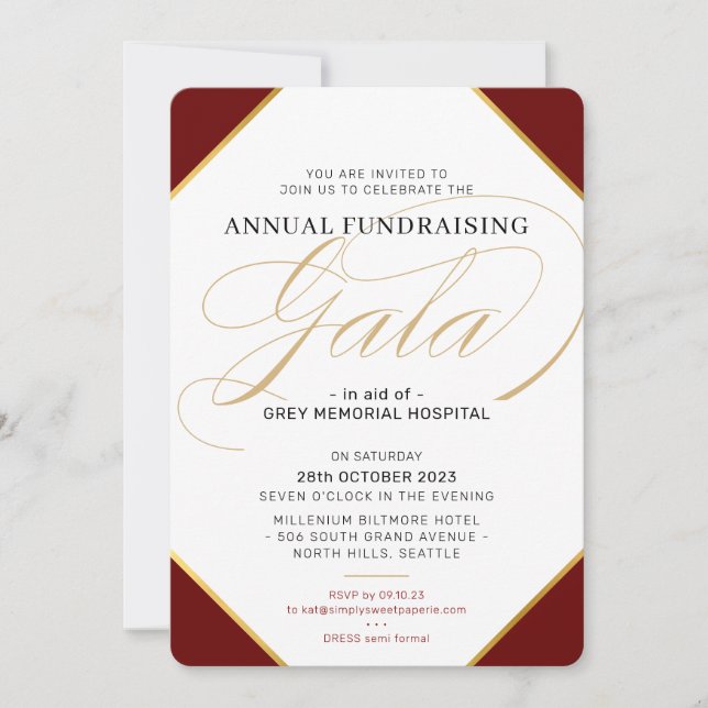 FUNDRAISING GALA BALL elegant event burgundy gold Invitation (Front)