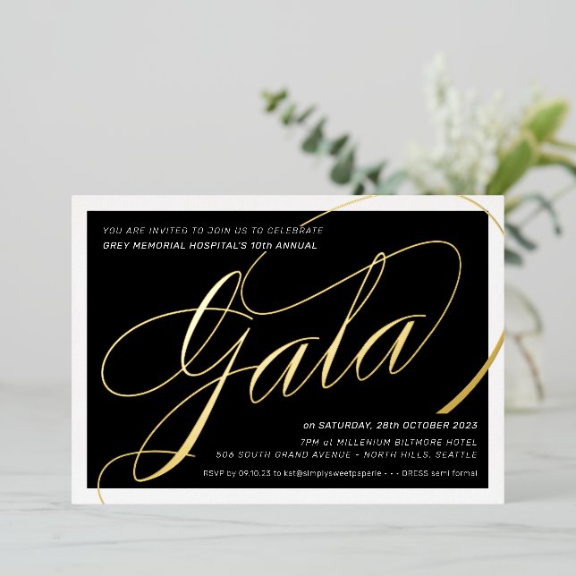 FUNDRAISING GALA elegant calligraphy black gold Foil Invitation (Standing Front)