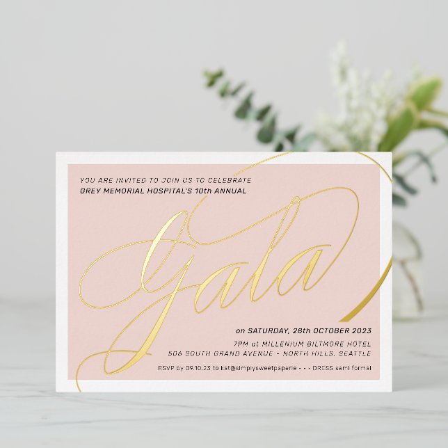 FUNDRAISING GALA elegant calligraphy blush pink Foil Invitation (Standing Front)