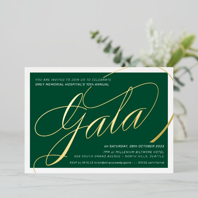 FUNDRAISING GALA elegant calligraphy dark green  Foil Invitation (Standing Front)