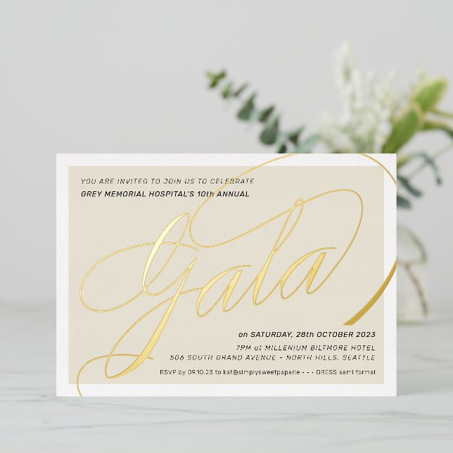 FUNDRAISING GALA elegant calligraphy ivory gold Fo Foil Invitation (Standing Front)