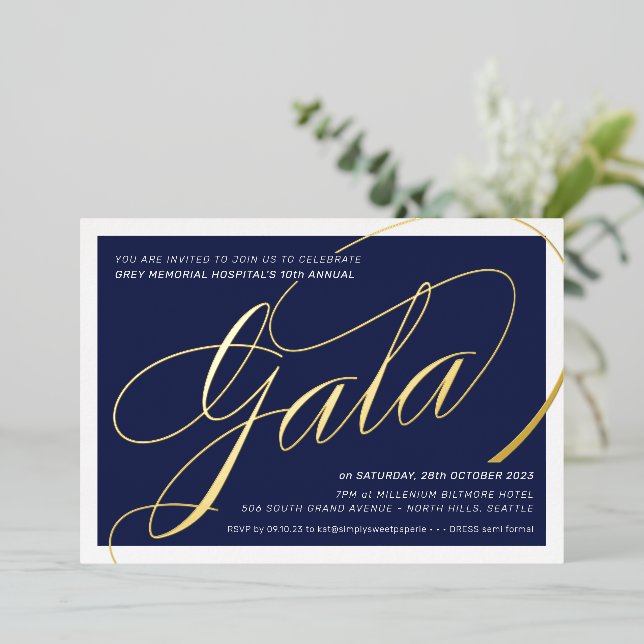 FUNDRAISING GALA elegant calligraphy navy gold Foil Invitation (Standing Front)