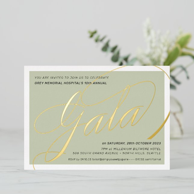 FUNDRAISING GALA elegant calligraphy sage green Foil Invitation (Standing Front)