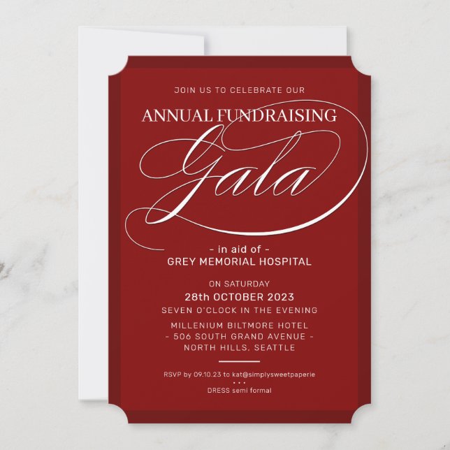 FUNDRAISING GALA elegant event fancy script maroon Invitation (Front)
