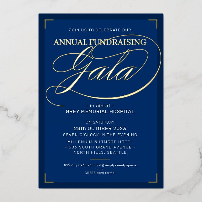 FUNDRAISING GALA elegant event fancy script navy I Foil Invitation (Front)