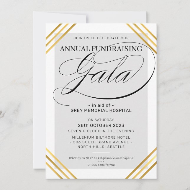 FUNDRAISING GALA event fancy gold frame gray Invitation (Front)