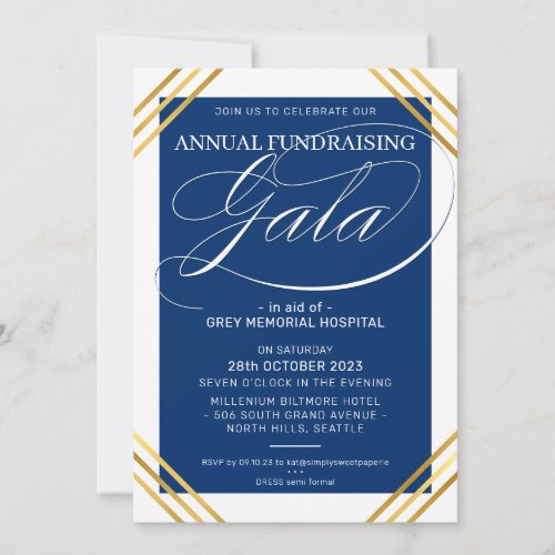 FUNDRAISING GALA event fancy gold frame navy blue Invitation