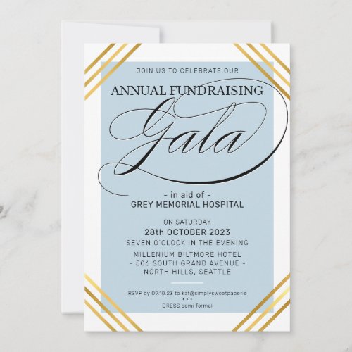 FUNDRAISING GALA event fancy gold frame pale blue Invitation