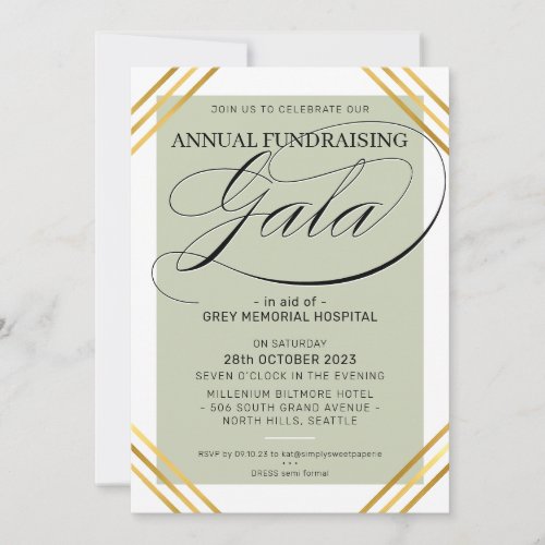 FUNDRAISING GALA event fancy gold frame sage green Invitation