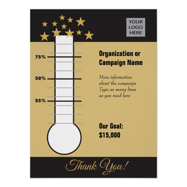 Fundraising Progress Chart Black Gold Poster (Front)