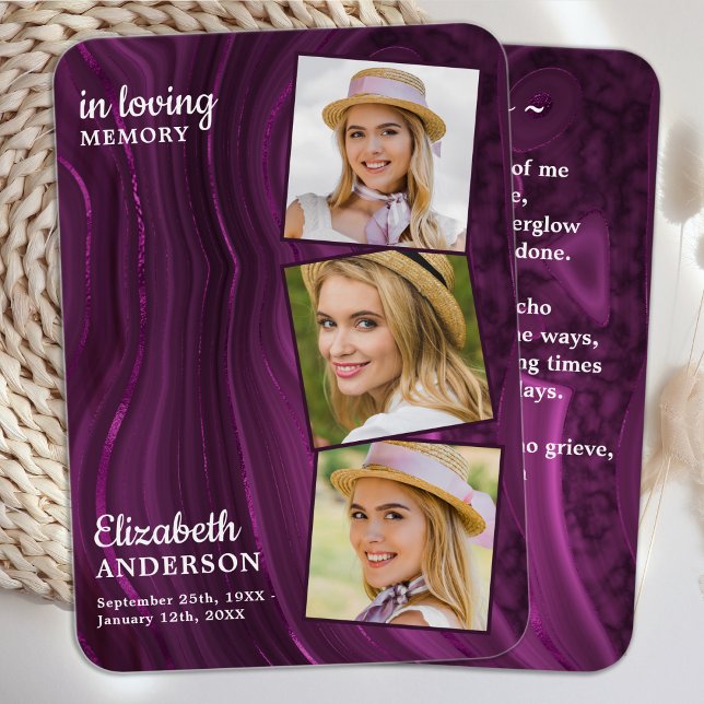 Funeral 3 Photo Memorial Prayer Card Purple Marble (Creator Uploaded)