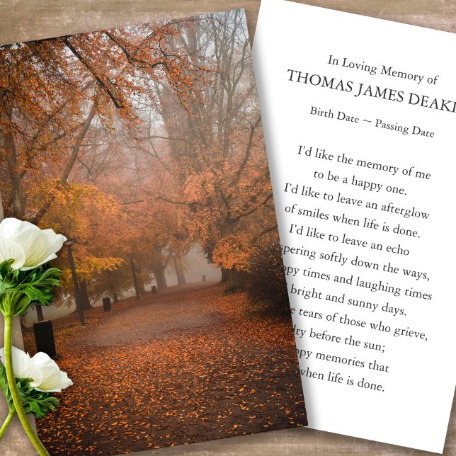 Funeral Autumn Memorial Prayer Sympathy Cards (autumn leaves, celebration of life, in loving memory of, prayer cards for bereavement)