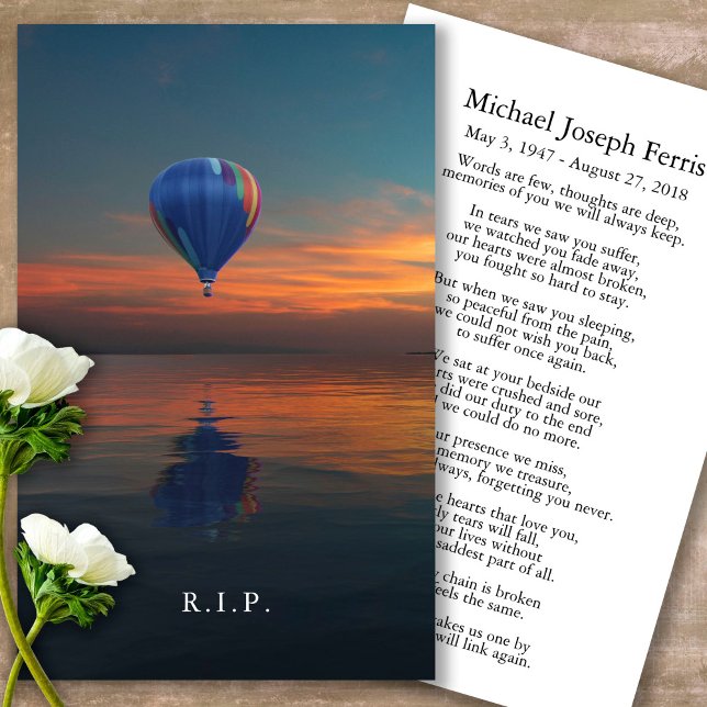 Funeral Balloon Memorial Prayer Sympathy Cards (sunset, sunrise, Balloon, celebration of life, in loving memory of, prayer cards for bereavement)
