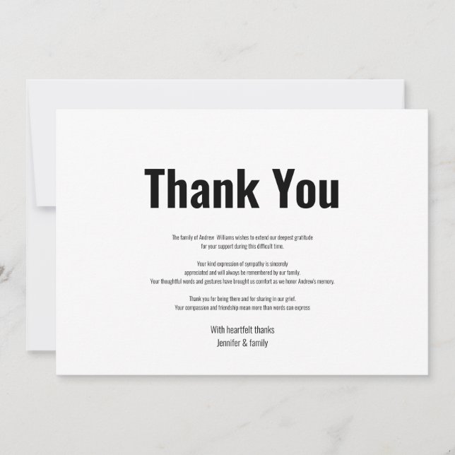 Funeral Bereavement Simple Black & White Thank You (Front)