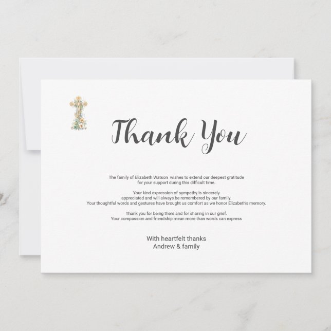Funeral Bereavement Simple Floral Cross Thank You Card (Front)