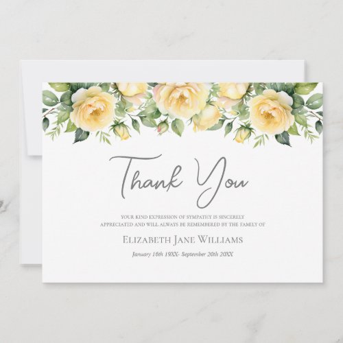 Funeral Bereavement  Yellow Rose  Thank You Card