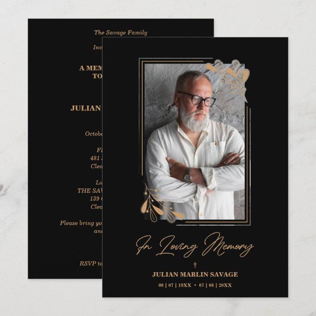 Funeral Black Fake Golden Branches Photo Remember Invitation (Front/Back)