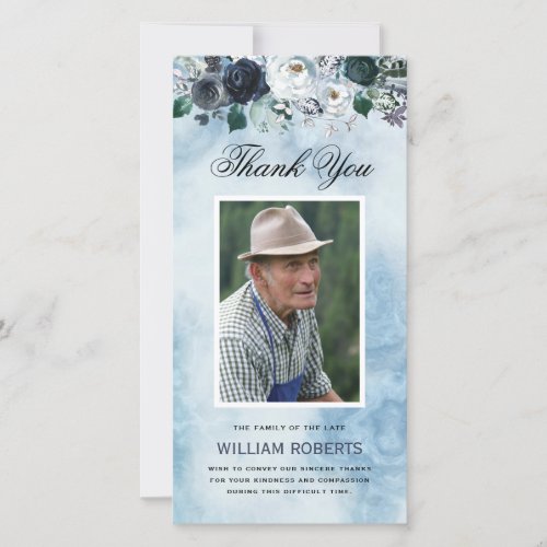 Funeral Blue Floral  Photo Thank You Card