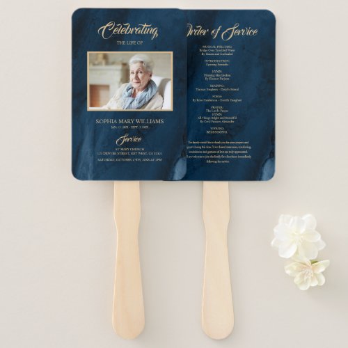 Funeral Blue  Gold Calligraphy Set of Fans