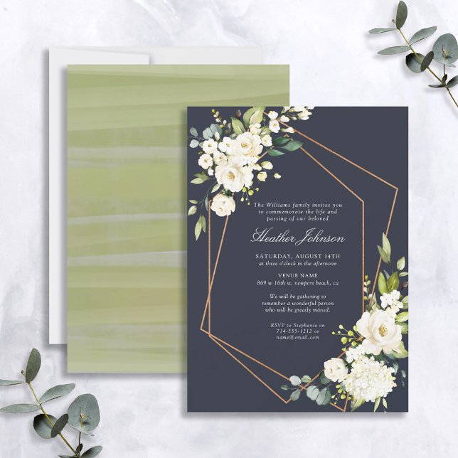 Funeral Blue White Floral Copper Geometric Invitation (Creator Uploaded)