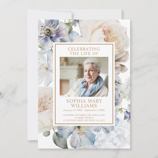 Funeral Blush & Blue Flowers Memorial Program (Front)