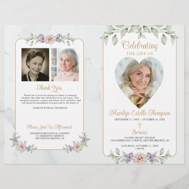 Funeral Botanical Floral Heart 4 Photos Program (Front)