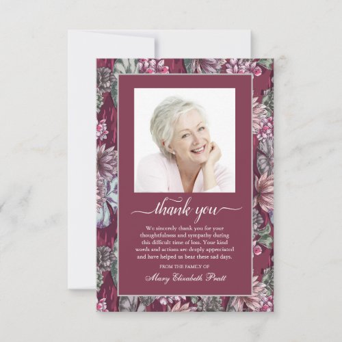 Funeral Burgundy Floral Photo Thank You Card