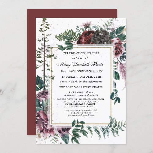 Funeral Burgundy Floral Pine Celebration of Life Invitation