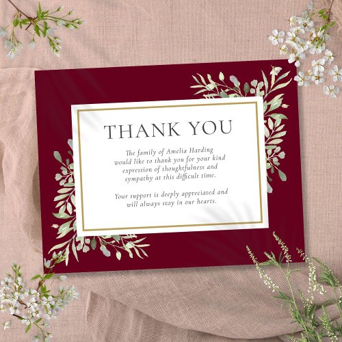 Funeral Burgundy Greenery Thank You Note Card