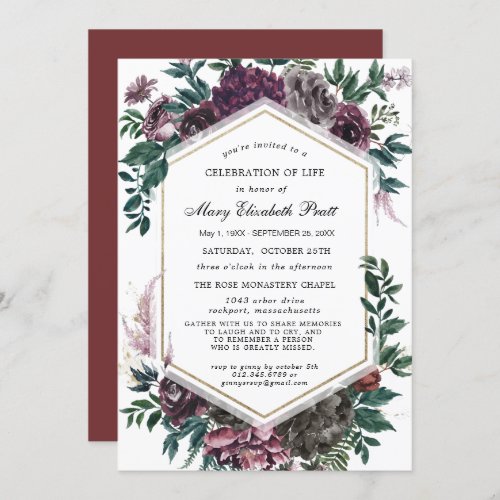 Funeral Burgundy Red Floral Celebration of Life Invitation