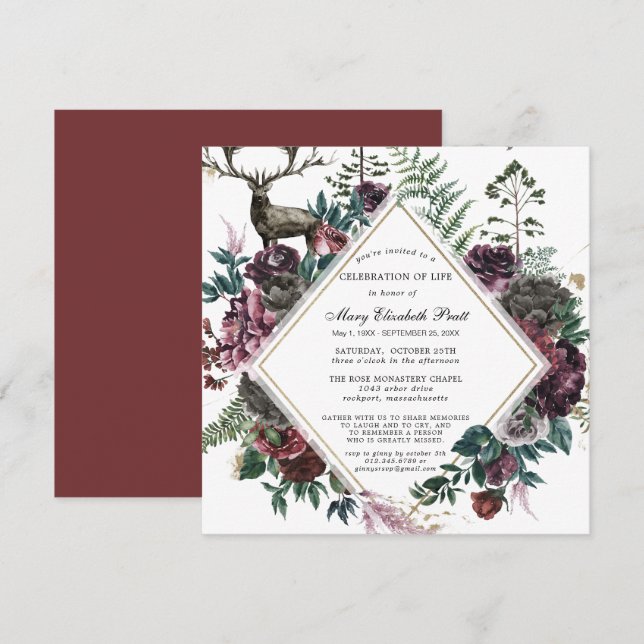 Funeral Burgundy Red Floral Celebration of Life Invitation (Front/Back)