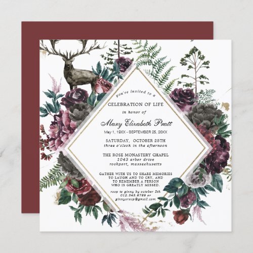 Funeral Burgundy Red Floral Celebration of Life Invitation