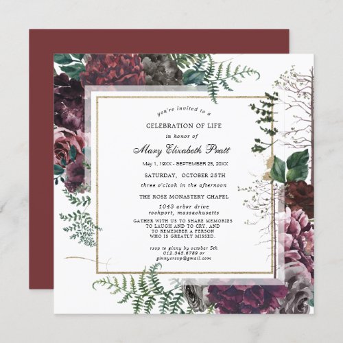 Funeral Burgundy Red Floral Celebration of Life Invitation