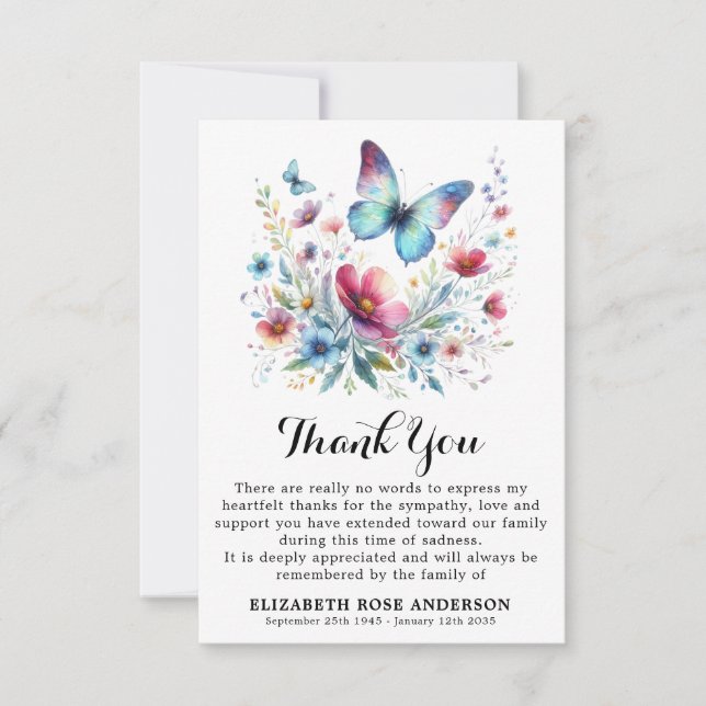 Funeral Butterfly Floral Modern Memorial Sympathy Thank You Card (Front)