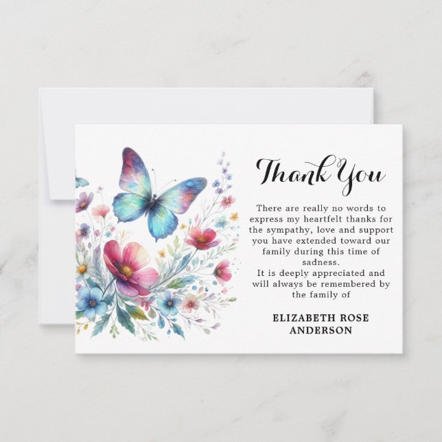Funeral Butterfly Modern Floral Memorial Sympathy  Thank You Card (Front)