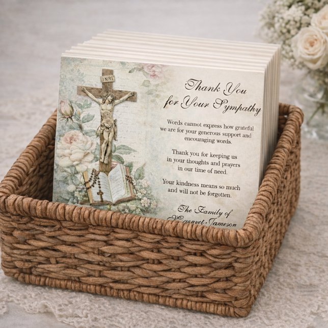 Funeral Catholic Jesus Roses Cross Condolence Thank You Card (Creator Uploaded)