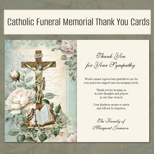 Funeral Catholic Jesus Roses Cross Condolence Thank You Card