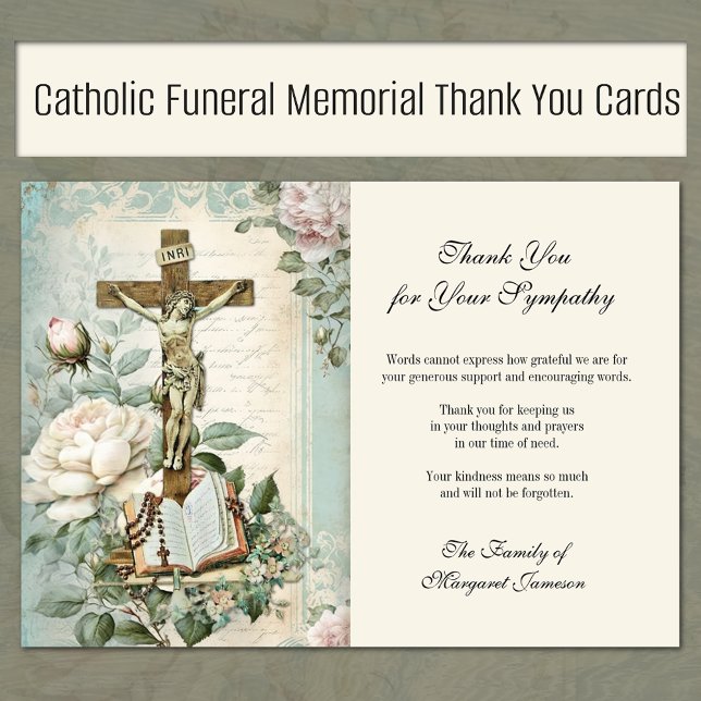 Funeral Catholic Jesus Roses Cross Condolence Thank You Card (Traditional Catholic Funeral Memorial Prayer Cards)