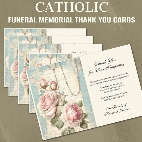 Funeral Catholic Memorial Rosary and Roses  Thank You Card