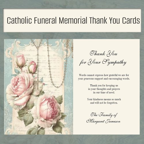 Funeral Catholic Memorial Rosary and Roses  Thank You Card