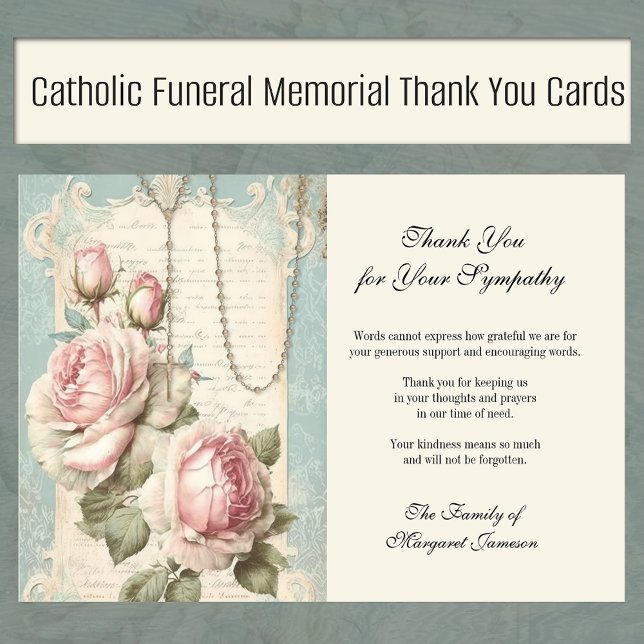 Funeral Catholic Memorial Rosary and Roses  Thank You Card (Traditional Catholic Holy Rosary Funeral Memorial Thank You Cards)