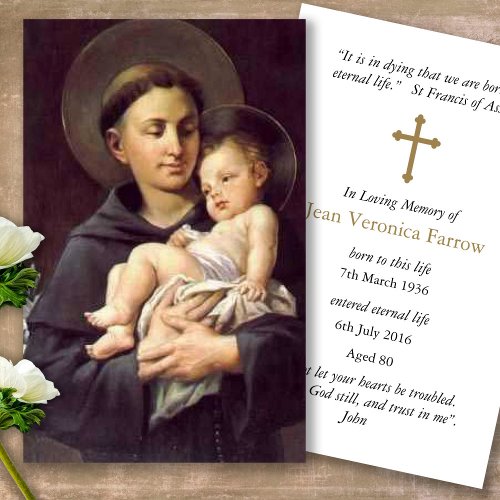 Funeral Catholic St Anthony Prayer Sympathy Cards
